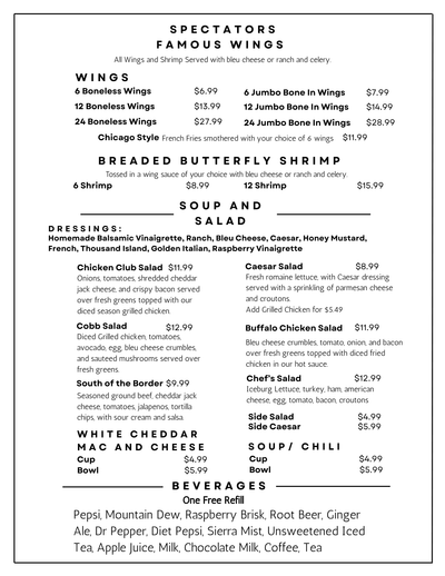 Spectators Bar & Grille Food Menu