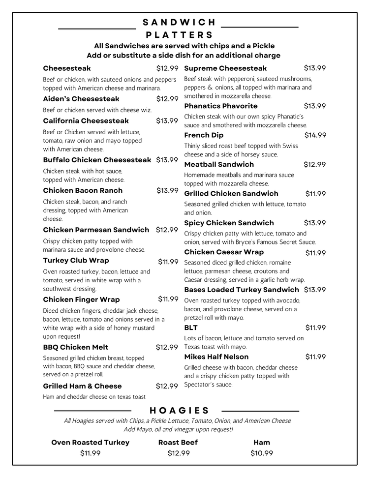 Spectators Bar & Grille Food Menu