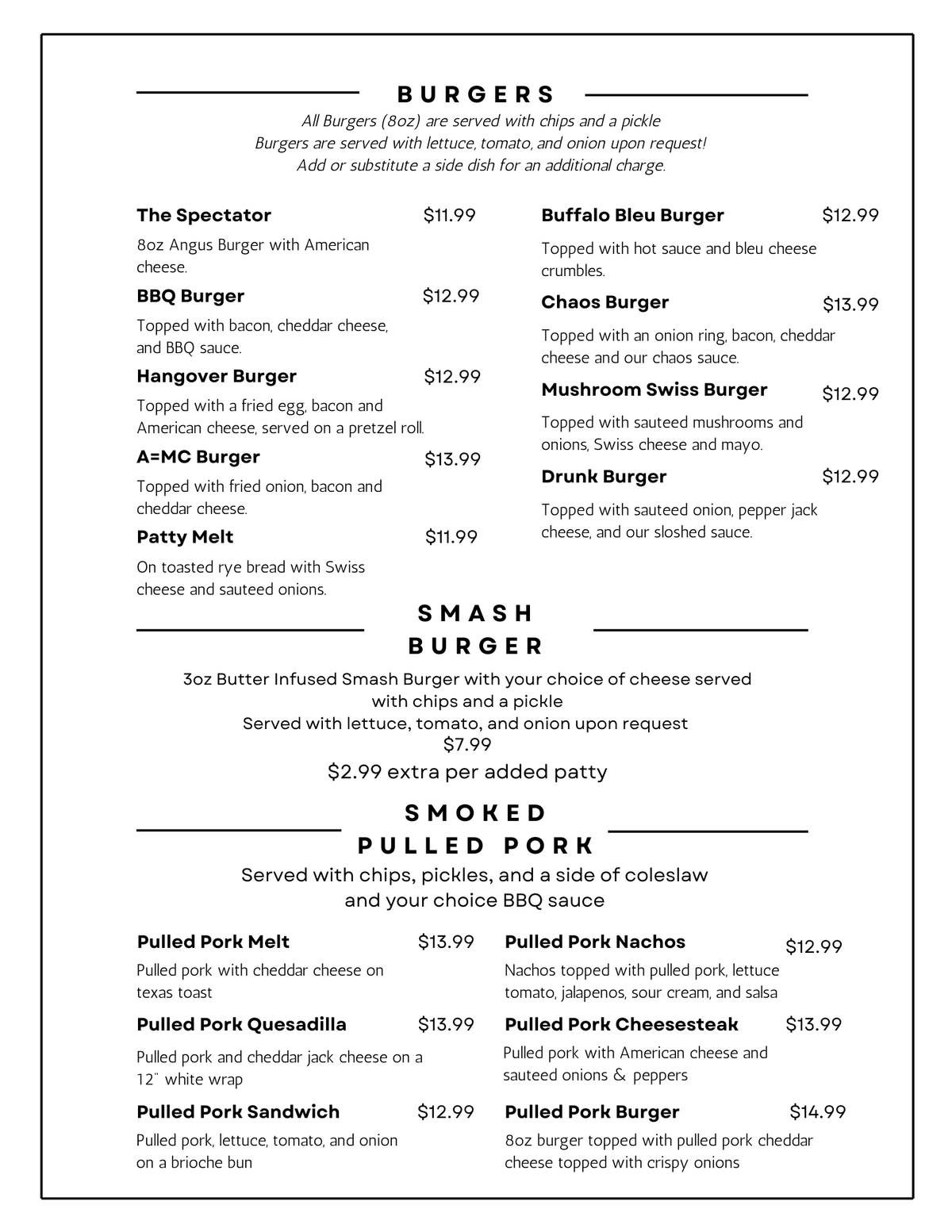 Spectators Bar & Grille Food Menu