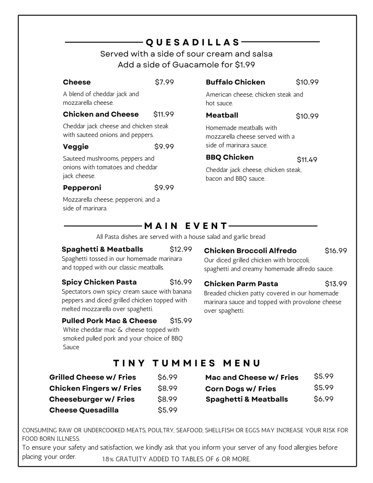 Spectators Bar & Grille Food Menu